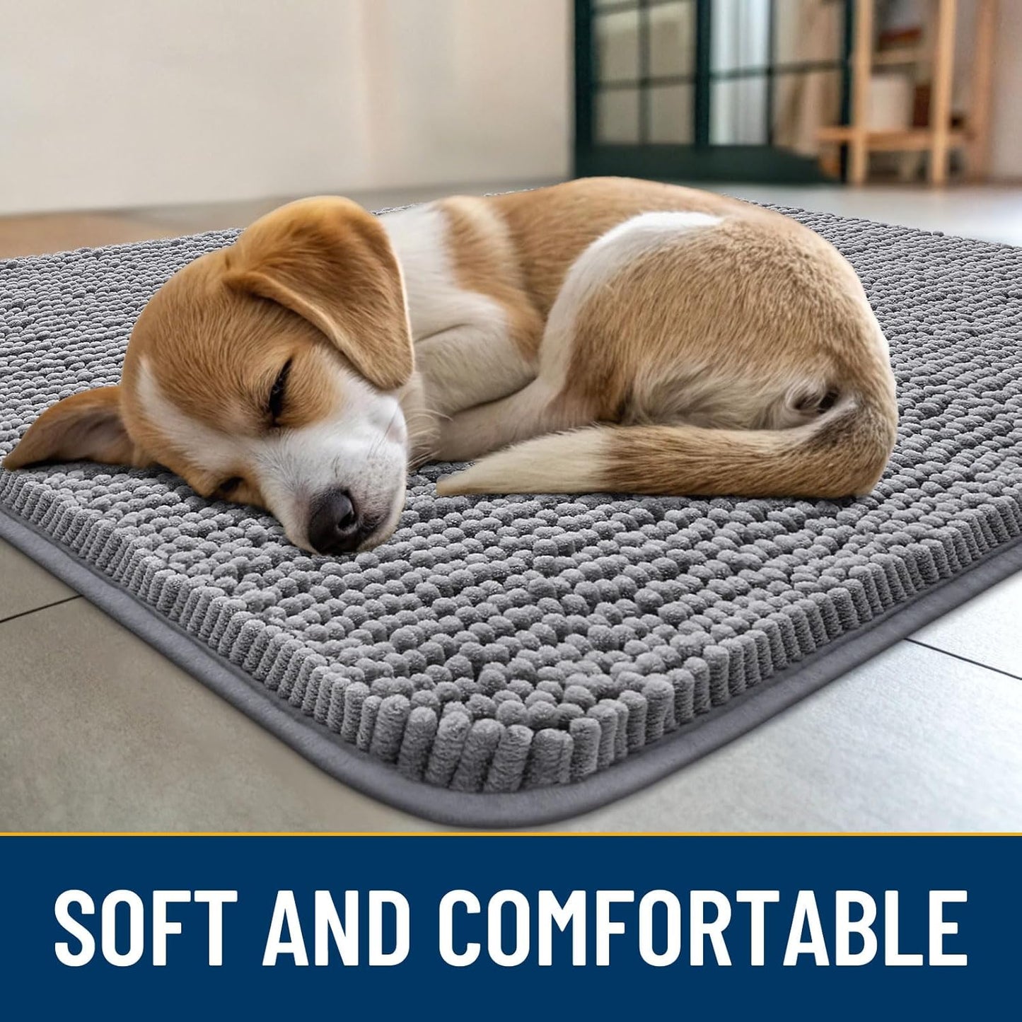 Smiry Dog Door Mat for Muddy Paws 44x32, Absorbs Moisture and Dirt Doormat, Non-Slip Washable Quick Dry Chenille Front Door Mat Indoor Entrance, Entryway Carpet for Inside Floor, Grey