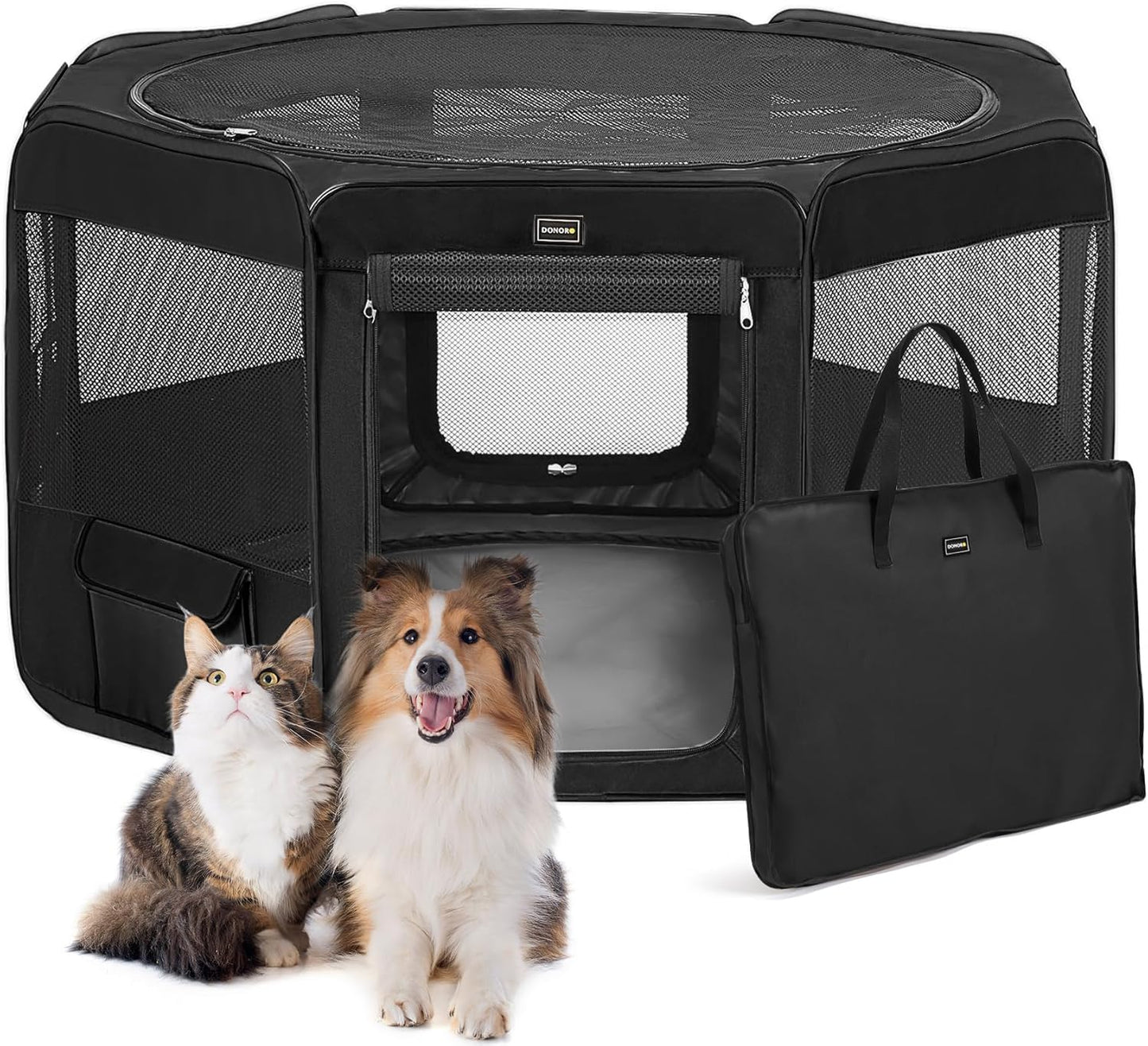 DONORO Dog Playpen Portable Pet Play Pens for Small Dog/Cat/Rabbit/Chicks, Cat Playpen Indoor/Outdoor with Carring Case, Removable Zipper Top and Bottom (Black, Small (29"x29"x15"), 8)