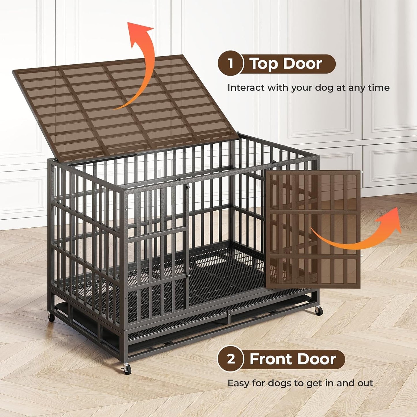 48 Inch Heavy Duty Indestructible Dog Crate Steel Escape Proof, Indoor Double Door High Anxiety Cage, Kennel with Wheels, Removable Tray, Extra Large XL XXL