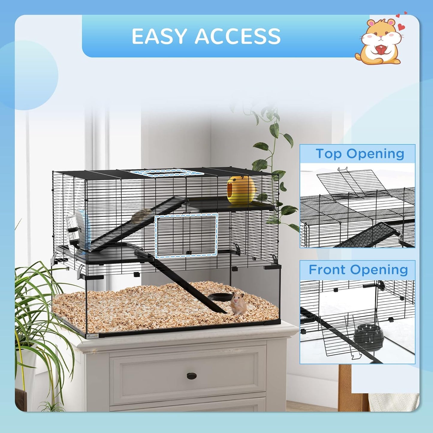 PawHut Large Hamster Cage with Deep Tempered Glass Bottom, 3 Tiers Hamster Tank with Running Wheel, Hut, Water Bottle, Dish, Rat Cage for Syrian, Dwarf, Gerbils, Mouse, 31" x 19" x 21.5", Black