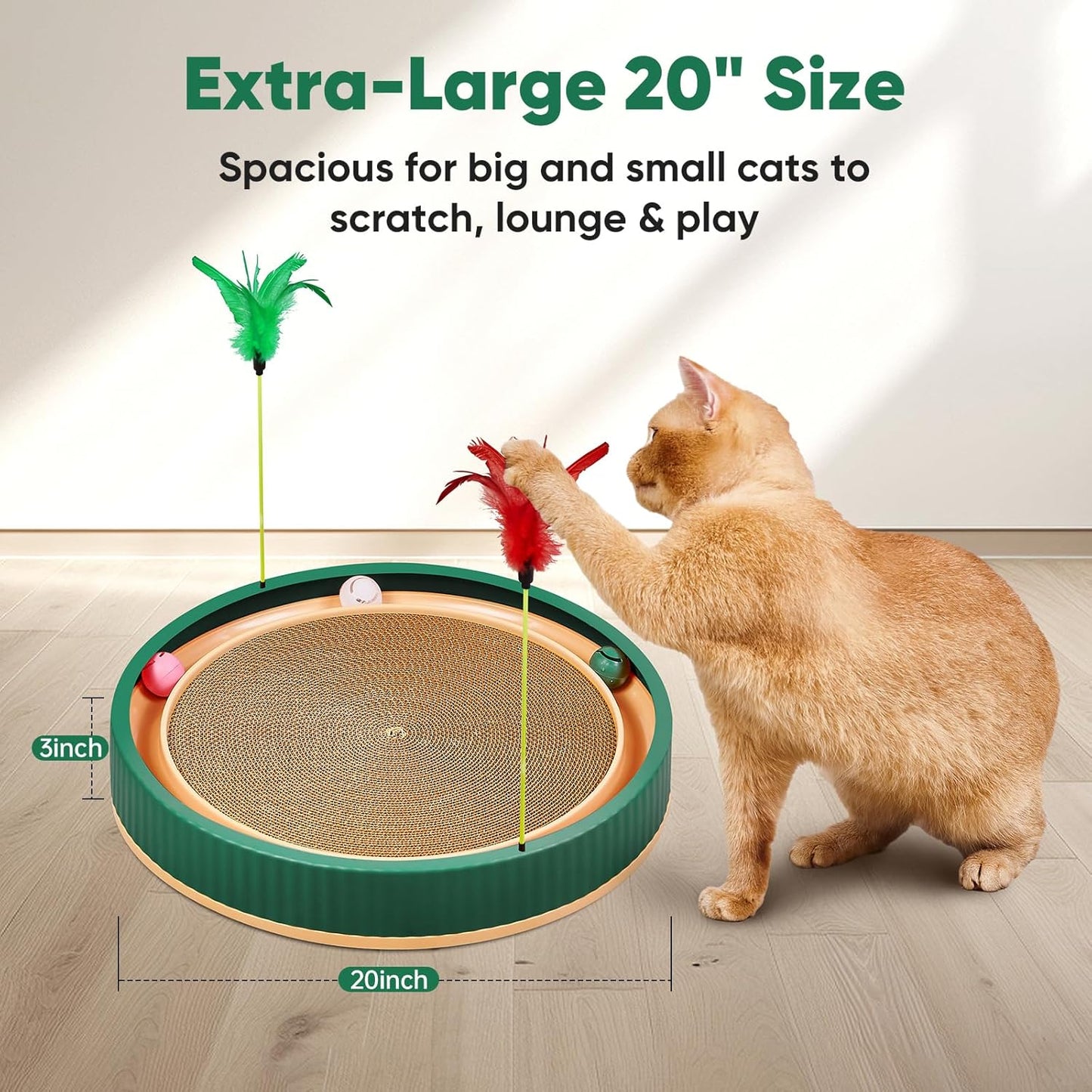 20-Inch Round Cat Scratcher with Ball Track – 3-in-1 Cardboard Scratching Pad with Feather Toy & Non-Slip Base – Interactive Cat Toy for Indoor Cats, Kittens & Large Cats (Green)