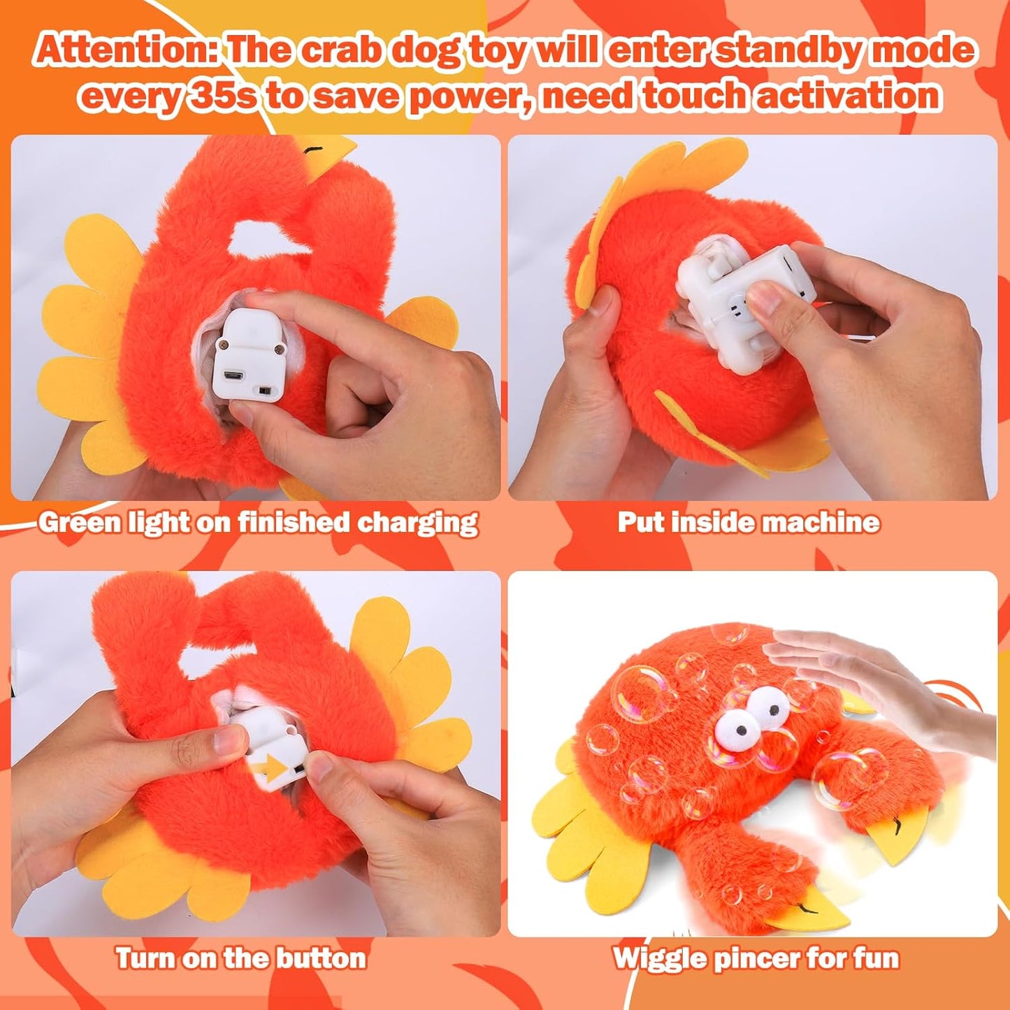 Interactive Dog Toys, Crab Dog Toy that Wiggle Pinchers, Dog Toys to Keep Them Busy, Touch Activated Dog Toys for Small / Medium / Large Puppy Enrichment, Rechargeable Pet Toys Plush, Squeaky Dog Toys