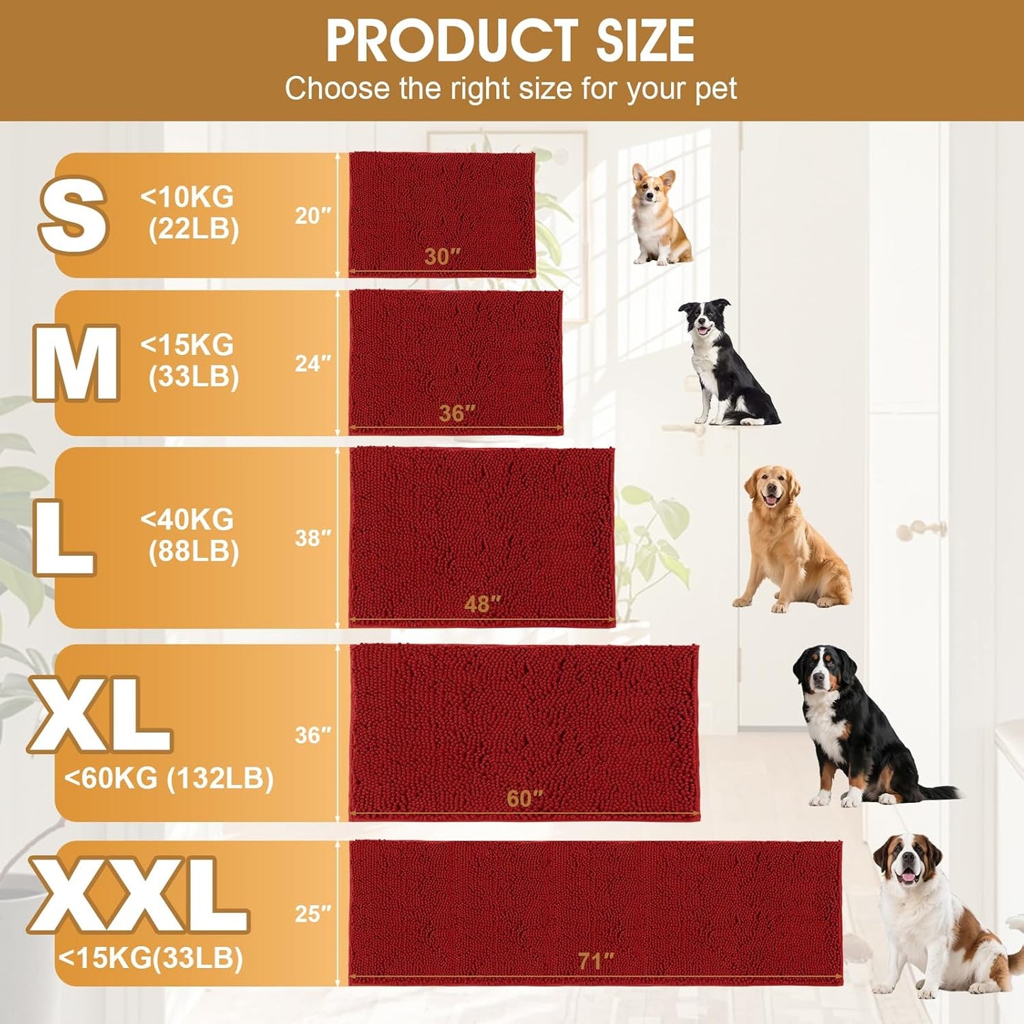 Dog Door Mats for Muddy Paws, Chenille Absorbent Dog Mats, Non Slip Heavy Mud Mat for Dogs, Soft Pet Mat for Entryway, Mud Paws, Inside Floor,48" x 38", Red