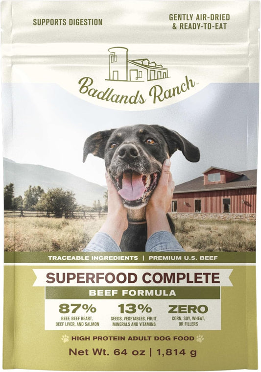 BADLANDS RANCH - Superfood Complete, Air-Dried Adult Dog Food - High Protein, Zero Fillers, Superfood Nutrition by Katherine Heigl (64 oz., Beef Formula)