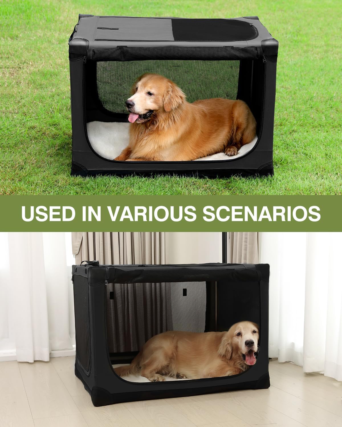 42-Inch Collapsible Travel Dog Crate, Portable 4-Door Soft Kennel for Medium to Large Dogs, Durable Mesh Windows, Indoor/Outdoor Use, Foldable, with Storage Bag (Black)