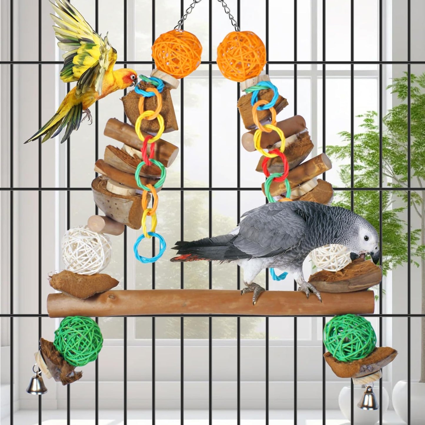 3-in-1 Parrot Toys Natural Coconut Fiber Parrot Hammock (Swing + Perch + Chew Toy) Natural Bird Perches for Medium Large Birds - 23" Bird Toys for Parrots Stand