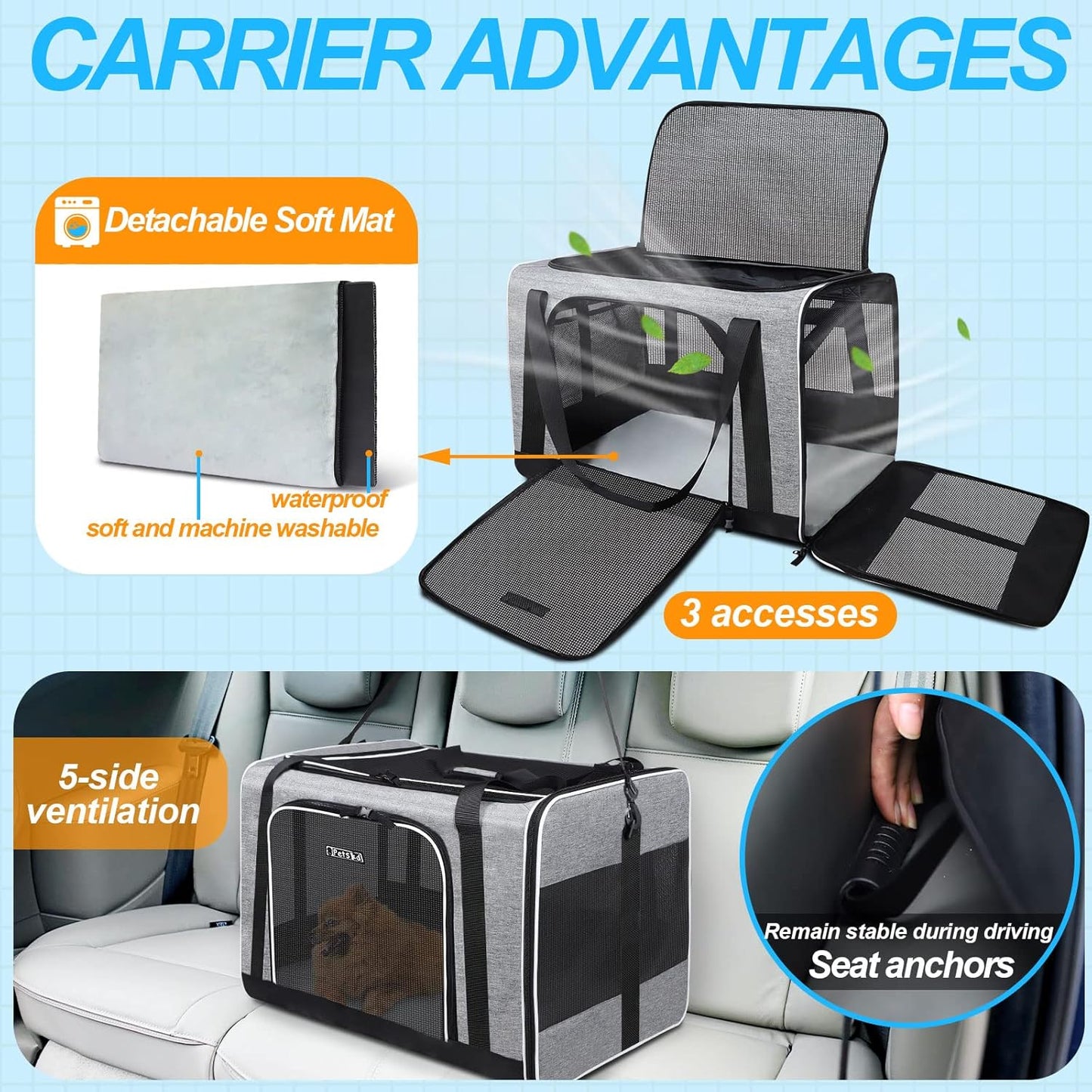 Petskd Extra Large Pet Carrier 24"x17"x17" for Large Cat or Medium Dog, Collapsible Soft Sided Dog cat Carrier for Long Trips with Lockable Safety Zippers(Grey)