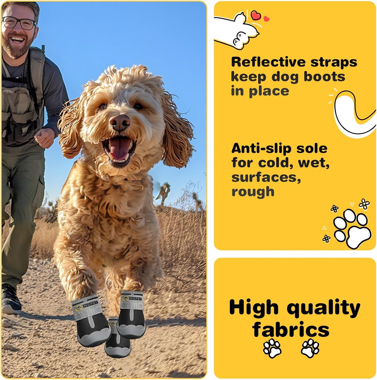 Hcpet Dog Shoes for Large Dogs, Waterproof Dog Booties for Small Medium Dogs, Anti-Slip Dog Boots & Paw Protectors for Hot Pavement Winter Snow Hiking with Reflective Straps Black Size 4