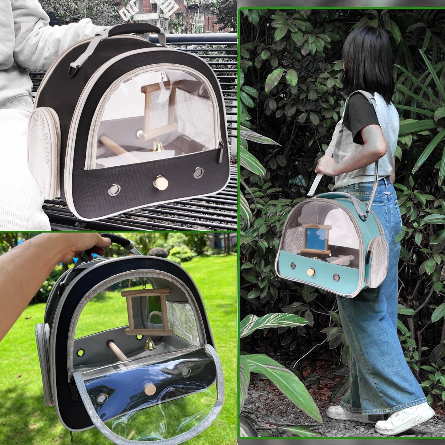 Portable Parrot Travel Cage Carrier with Small Swing Toy&Cage Colorful Toys Set Small Bird Parakeet Bag with Standing Perch Bird Carry Transport Bag (Black, Carrier/Mirror)