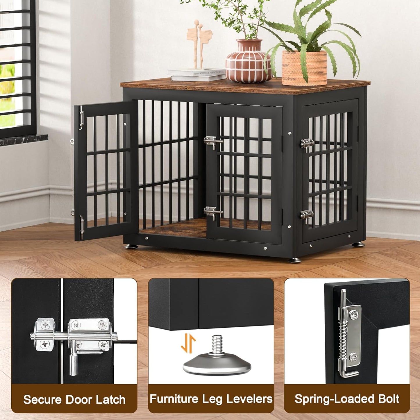 26 Inch Heavy Duty Dog Crate Furniture for Small Dogs, Decorative Pet House End Table, Wooden Cage Kennel Furniture Indoor, Rustic Brown