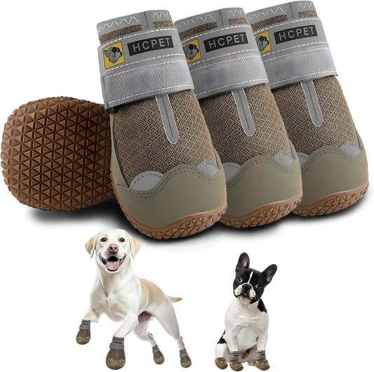 Hcpet Dog Shoes for Large Dogs, Breathable Dog Booties for Small Medium Dogs, Anti-Slip Dog Boots & Paw Protectors for Hot Pavement Winter Snow Hiking with Reflective Straps Army Green Size 7