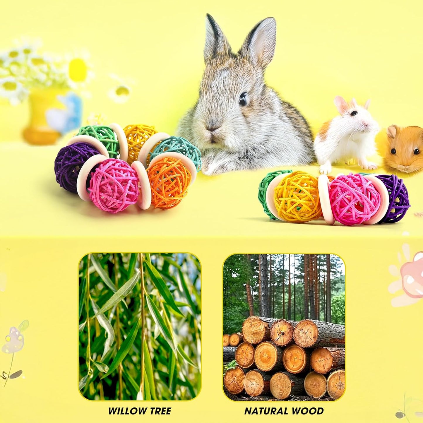 2 Pcs Natural Grass Chew Balls for Rabbits, Chinchillas, Hamsters & Mice - Safe Dental Health Toys for Teeth Grinding, Chewing & Dental Care, Small Animal Enrichment Chew Toys