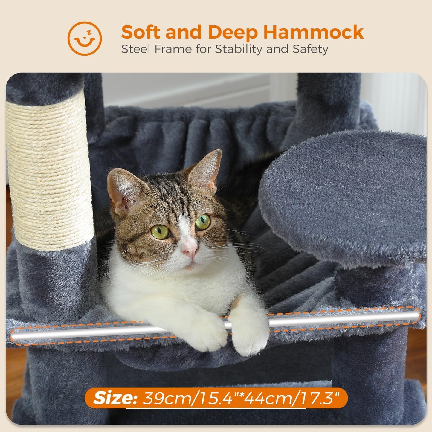 PAWZ Road Cat Tree, 53.5 Inches Tall Cat Tower with Spacious Hammocks, Condos and Scratching Posts, Cat House with Dual Padded Perches for Indoor Large Cats-Dark Gray
