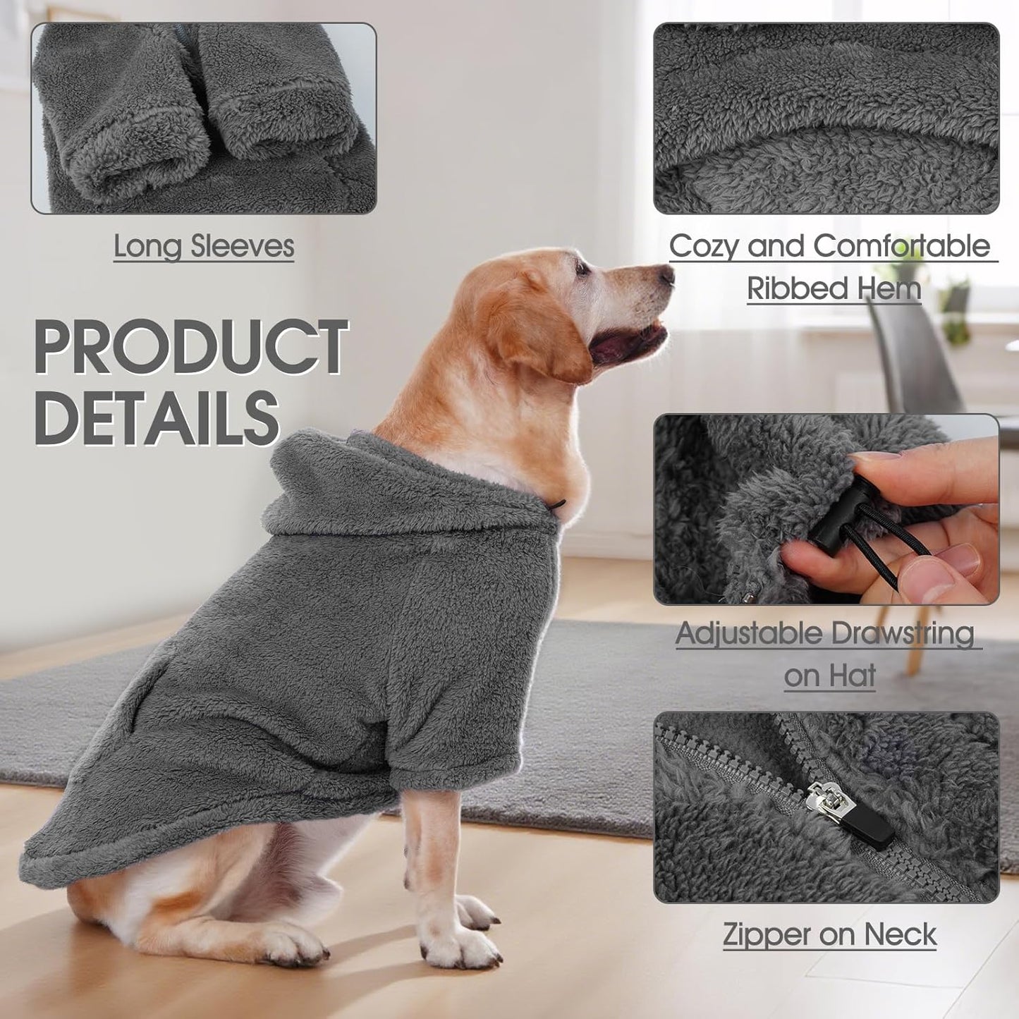 IDOMIK Fuzzy Dog Sweater with Adjustable Hood, Warm Fleece Dog Sweater Hoodie with Harness Hole & Pocket, Pullover Sweaters for Large Dogs, Fuzzy Hooded Sweatshirt for Fall Winter Christmas,Grey,XL