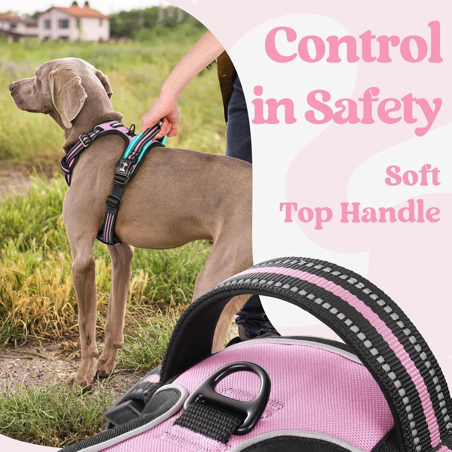 rabbitgoo Dog Harness for Large, No Pull Pet Harness with 3 Buckles, Adjustable Soft Padded Vest with Control Handle, Walking Reflective Pet Vest for Large Dogs, Pink, L