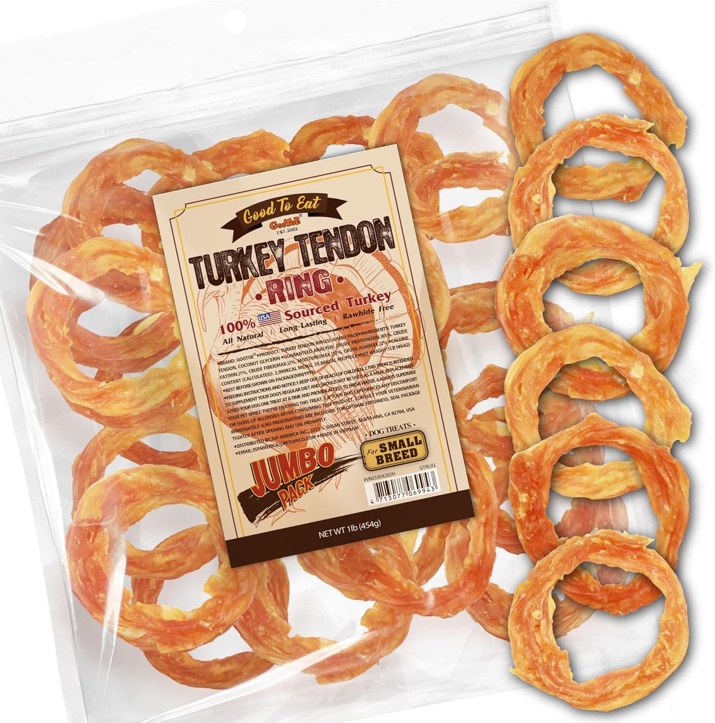 Gootoe Turkey Tendons for Dogs – All-Natural, Hypoallergenic Dog Treats, Rawhide Alternative, Long Lasting Puppy Chews, Healthy Dog Treats for Small Breeds, Ring, 16 oz Pack (1 lb)
