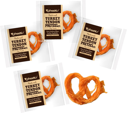 AFreschi Turkey Tendons for Dogs, USA-Sourced, Healthy Dog Treats, Rawhide-Free Puppy Chews, Long Lasting, All Natural, Hypoallergenic Dog Treats for Small Breeds, 4 Count Pack Pretzel (S)