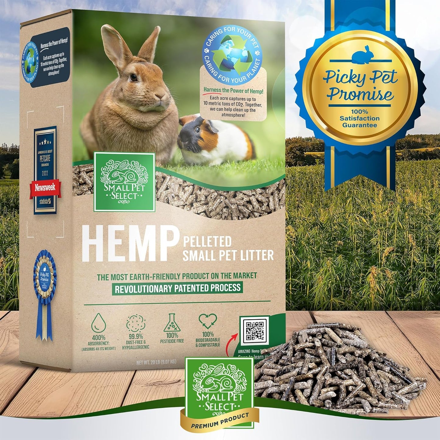 Small Pet Select - Hemp Pelleted Bedding, Non-Clumping, Biodegradable Animal Bedding, Eco Friendly Odor Control for a Rabbits, Hamsters, Guinea Pigs, and Other Small Pets, 20 lb
