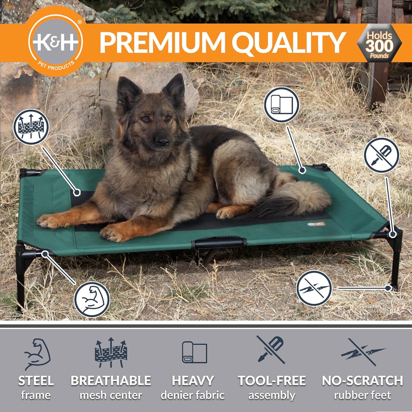 K&H Pet Products Outdoor Elevated Dog Cot, Breathable Cooling Elevated Cot Hammock Pet Bed for XL Dogs, Washable Mesh Cover, Raised Metal Frame, Collapsible, Portable - Extra-Large 50 X 32in Green