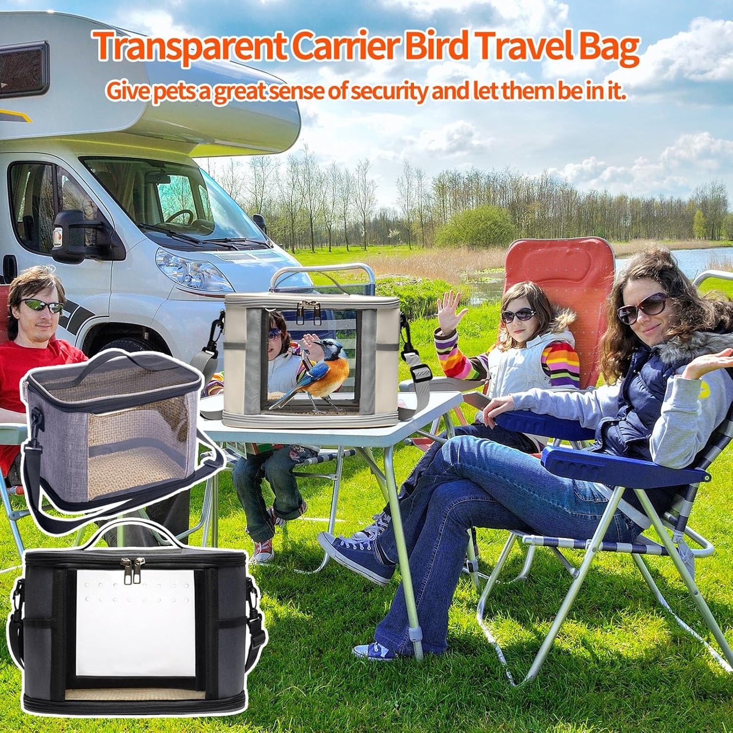Bird Travel Carrierm, Small Bird Travel Backpack Carrier Cage with Tray and Breathable Clear Window, for Parakeet Cockatiel Budgies, for Camping Hiking (Gray)