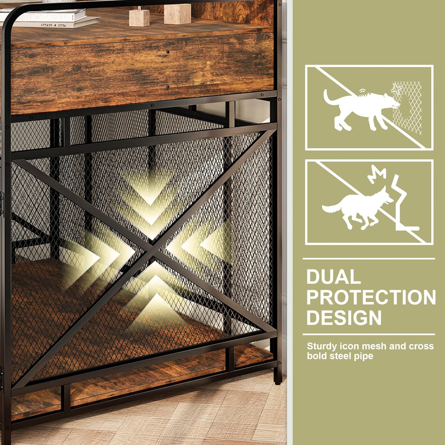 Dog Crate Furniture, 48" Heavy Duty Wooden Dog Crate End Table, XL Dog Kennel Furniture Large Breed, Decorative Dog Kennel Indoor with 3 Drawers & Steel Tubes 48" L x28 W x38 H (Rustic Brown)
