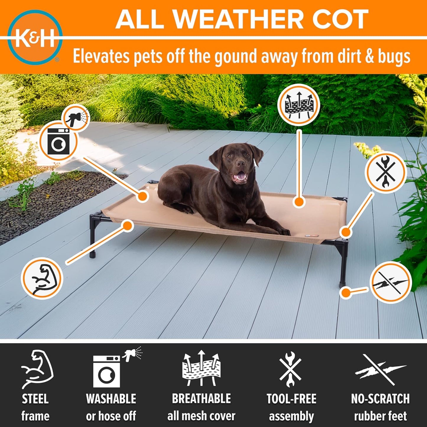 K&H Pet Products Outdoor Elevated Dog Cot, Cooling Raised Bed with Waterproof Breathable Mesh for Large Dogs, Portable Place Bed with Heavy-Duty Metal Frame, Big Hammock Style - Large Tan