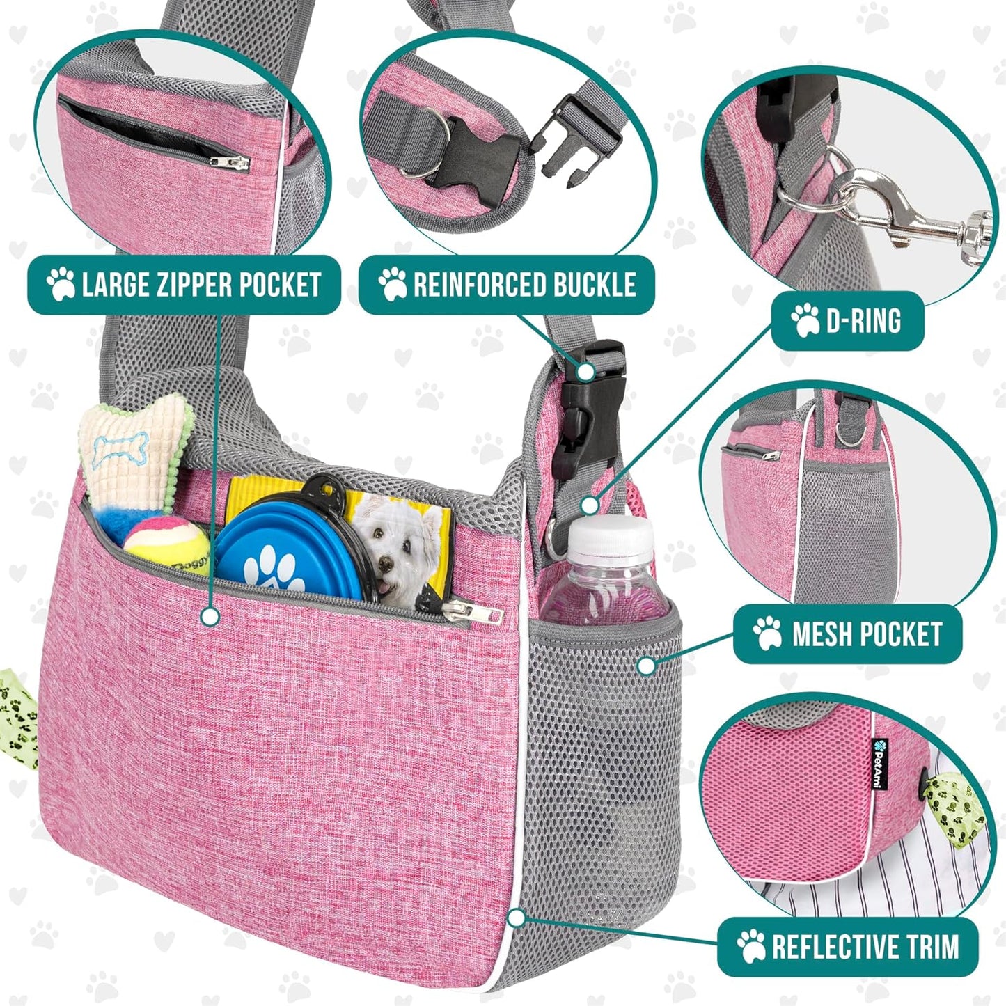 PetAmi Small Dog Sling Carrier, Soft-Sided Crossbody Puppy Carrying Purse Bag, Adjustable Sling Pet Pouch to Wear Medium Dog Cat Travel, Dog Bag for Traveling, Poop Bag Dispenser, Max 10 lbs, Pink