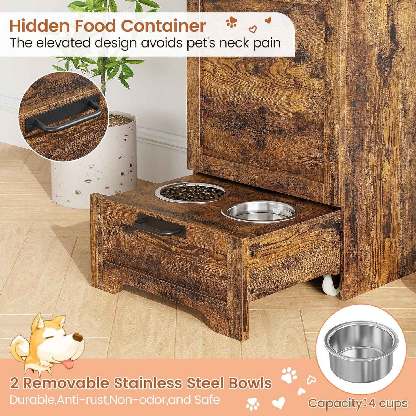 Dog Feeding Station with Storage - Large Capacity Dog Food Storage Cabinet with 2 Removable Stainless Steel Bowls, Flip Top Pet Food Container Toy Storage Organizer - Brown