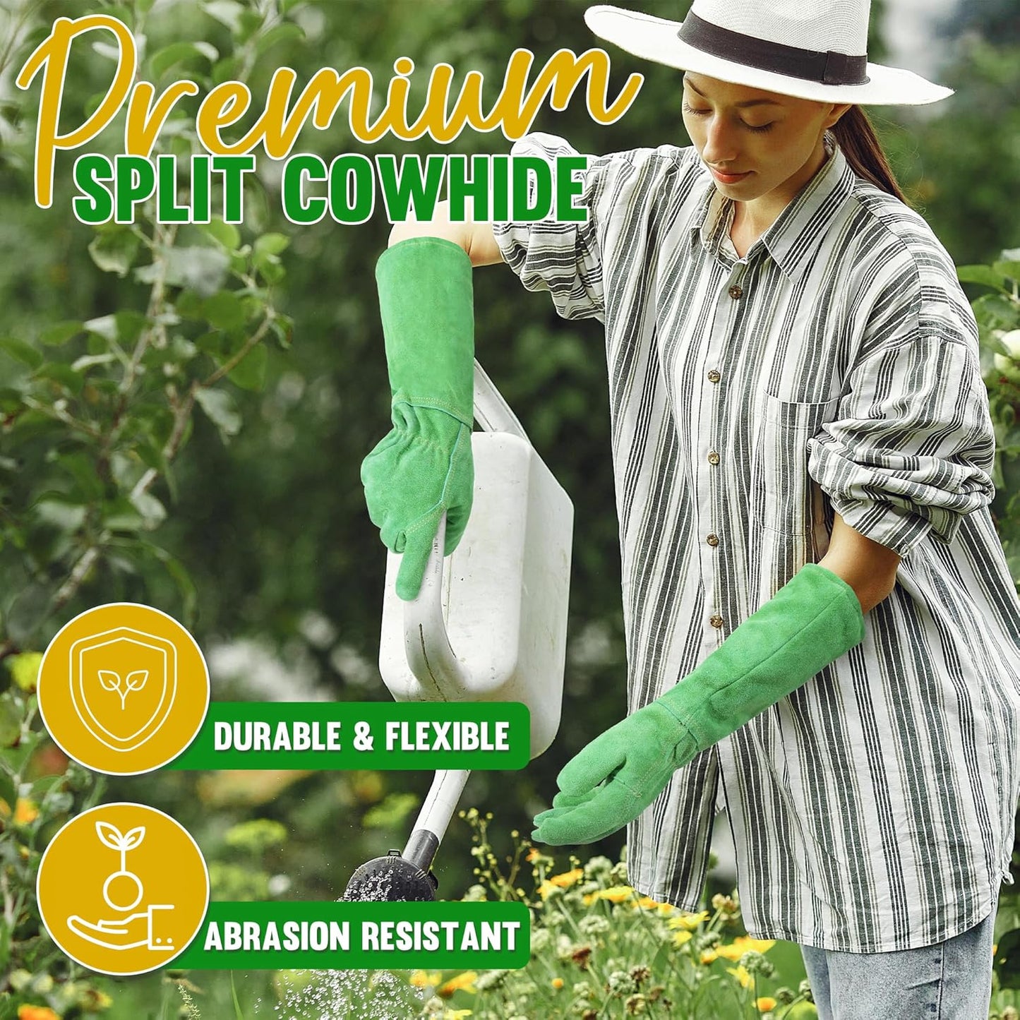 HANDLANDY Leather Gardening Gloves, Thorn Proof Long Gauntlet Heavy Duty Garden Gloves, Elbow Length Rose Pruning Weeding Yard Glove (Medium, Green)
