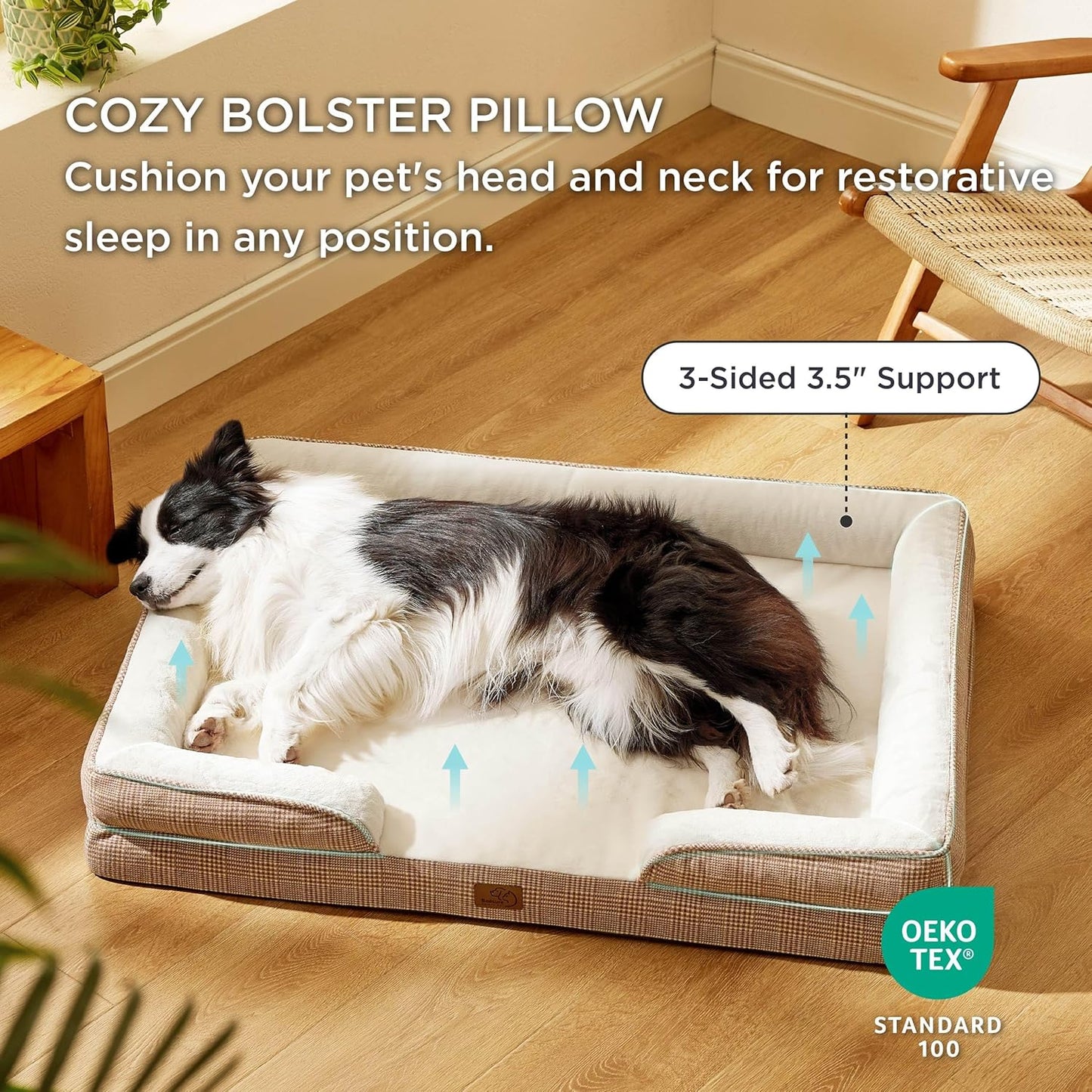 Bedsure Orthopedic Dog Beds Large Sized Dog - Washable Large Dog Cat Bed Waterproof, Comfort Dogs Couch Sofa with Washable Removable Cover, Pet Bed with Nonskid Bottom, Plaid-Brown, 35"