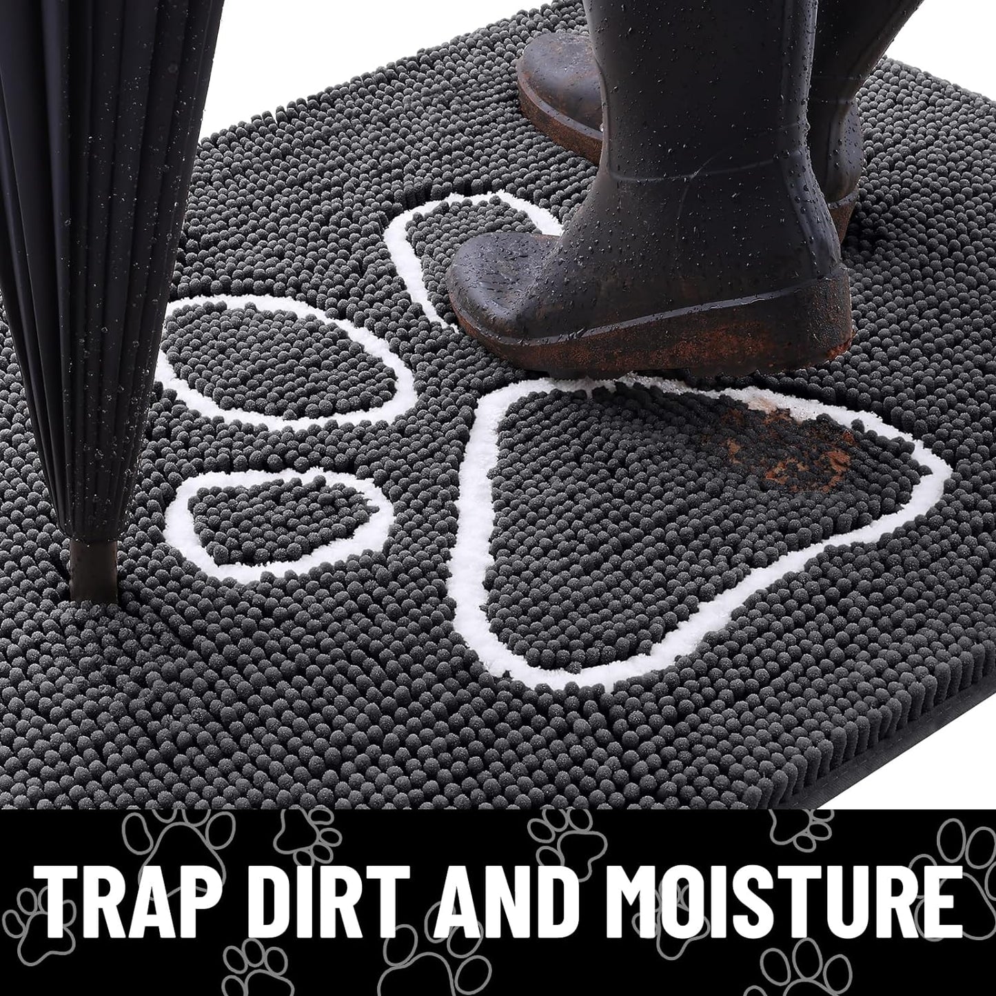 Smiry Dog Door Mat for Muddy Paws, Absorbent Dirt Trapper Non Slip Quick Dry Washable Chenille Mat for Mud Dogs, Entry Rug for Indoor and Outdoor (47x24 Inches, Dark Grey and White)