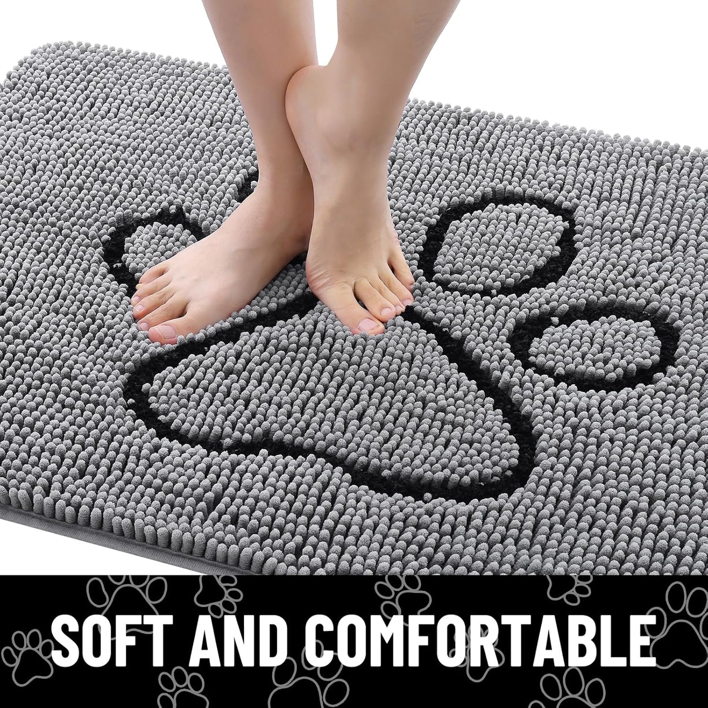 Smiry Dog Door Mat for Muddy Paws, Absorbent Dirt Trapper Non Slip Quick Dry Washable Chenille Mat for Mud Dogs, Entry Rug for Indoor and Outdoor (59x35 Inches, Grey)
