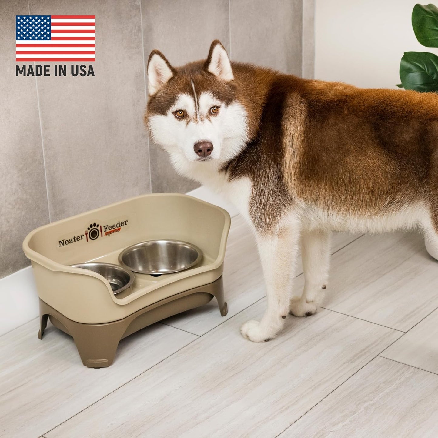 Neater Feeder - Express Model w/Slow Feed Bowl - Mess-Proof Dog Bowls (M/L, Cappuccino) Made in USA –Elevated, No Spill, Non-Tip, Non-Slip, Raised Stainless Steel Food/Water Pet Bowls Aid Digestion