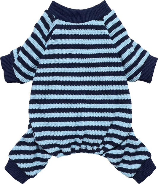 Fitwarm Blue and White Striped Dog Pajamas, Waffle Dog Clothes for Small Dogs Girl Boy, Puppy Onesie with Feet, Pet Cat Outfit, XS