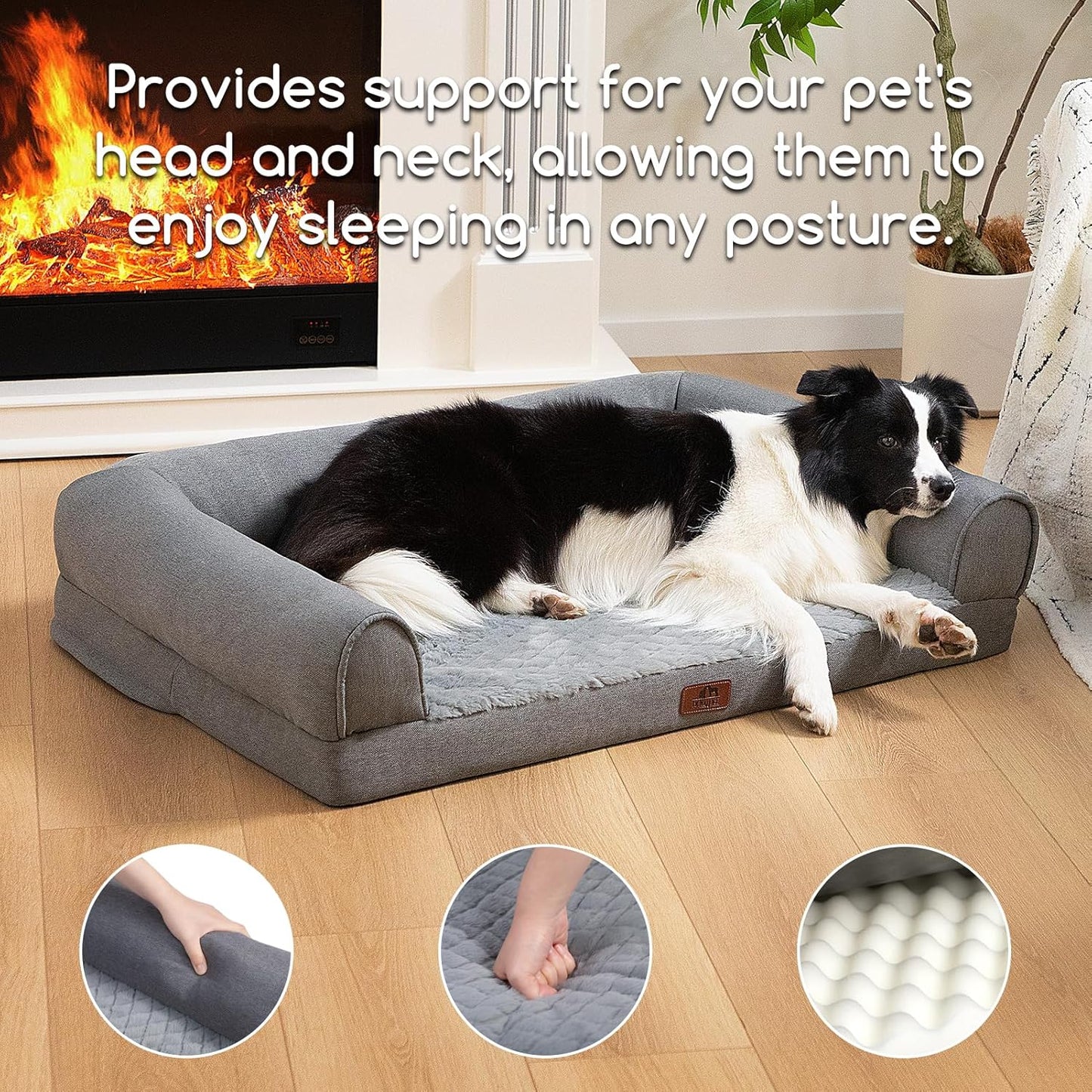 Hollypet Orthopedic Dog Bed for Large Dogs, Supportive Foam Pet Couch with Removable Washable Cover and Non-Slip Bottom, Waterproof Lining Dog Sofa Bed, Gray, L (36 * 26 * 8)