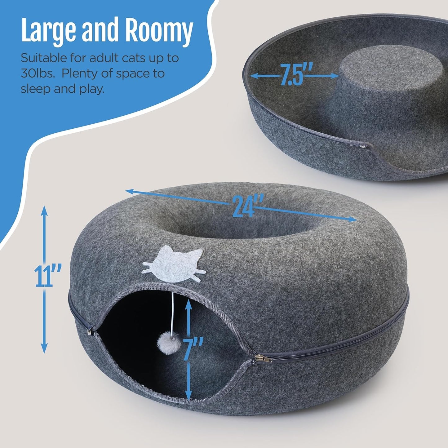 Meow Mansion Large Cat Cave Donut - Cat Tunnel; up to 30lbs - 3 Toy Balls & Hanging Ball Included - Scratch Resistant, Detachable and Cleanable Cat Donut Bed