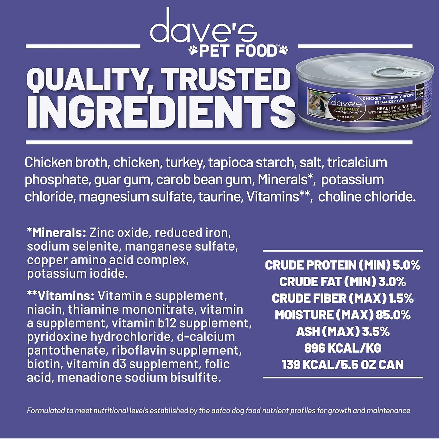 Dave's Pet Food Grain Free Wet Cat Food (Chicken & Turkey Saucey Pate), Naturally Healthy Canned Cat Food, Added Vitamins & Minerals, Wheat Free, 5.5 oz (24 Pack)
