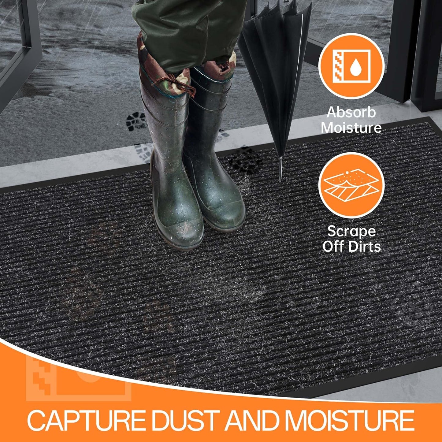 Indoor Outdoor Door Mat, 6' x 4' Doormat for Entryway, Rubber Backing Non Slip Front Door Mat Outside Entrance, Super Absorbent Commercial Floor Mat for Home Office, Black