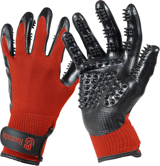 H HANDSON Pet Grooming Gloves - Patented #1 Ranked, Award Winning Shedding, Bathing, & Hair Remover Gloves - Gentle Brush for Cats, Dogs, and Horses (Red, Large)