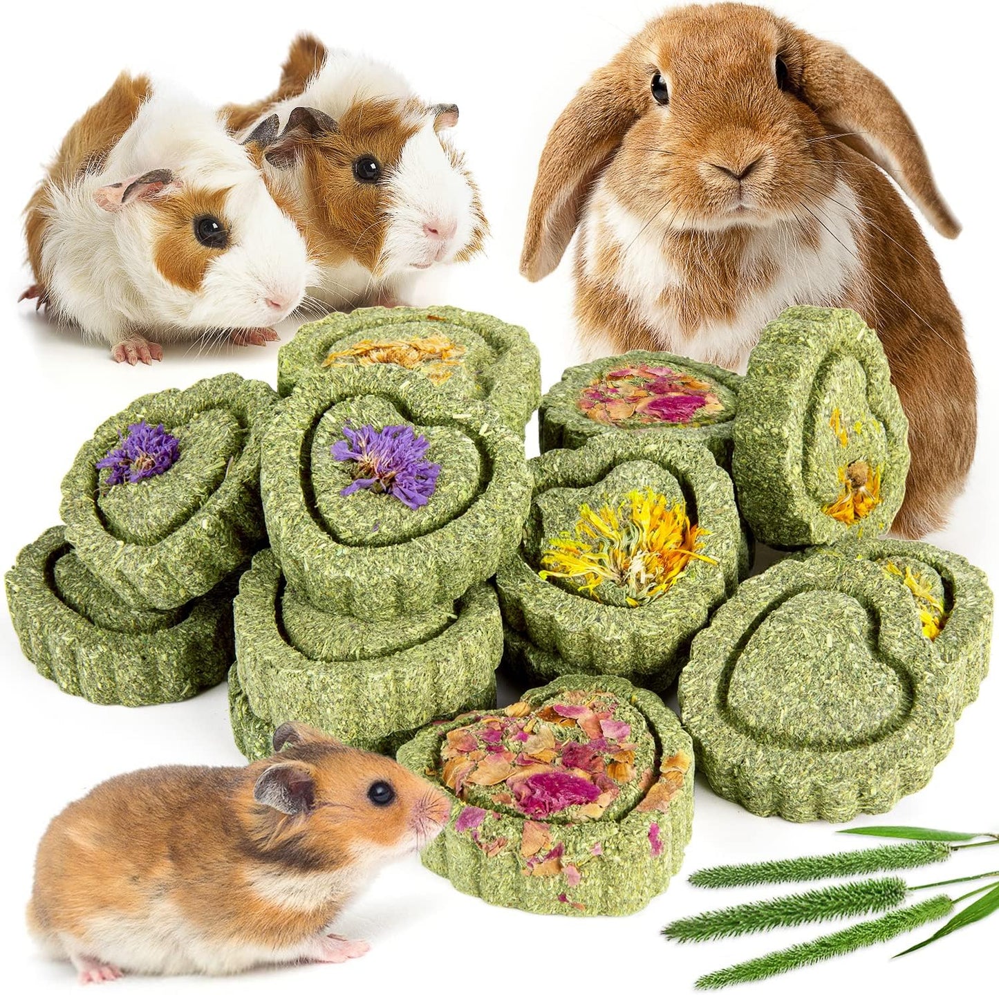 Sofier 12Pcs Timothy Hay Treats - Natural Chews for Teeth - Handmade Rabbit, Chinchilla, Gerbil, Rat, Hamster Toys - Bunny & Guinea Pig Toys