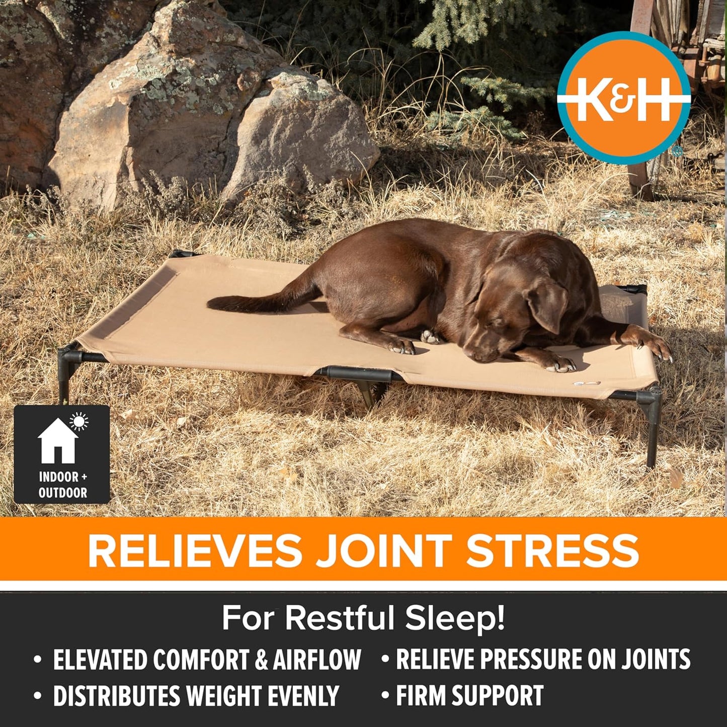 K&H Pet Products Cooling Elevated Dog Bed, Outdoor Raised Cot with Waterproof Breathable Mesh for Medium Dogs, Portable Place Bed with Heavy-Duty Metal Frame & Hammock Style Cover - Medium Tan