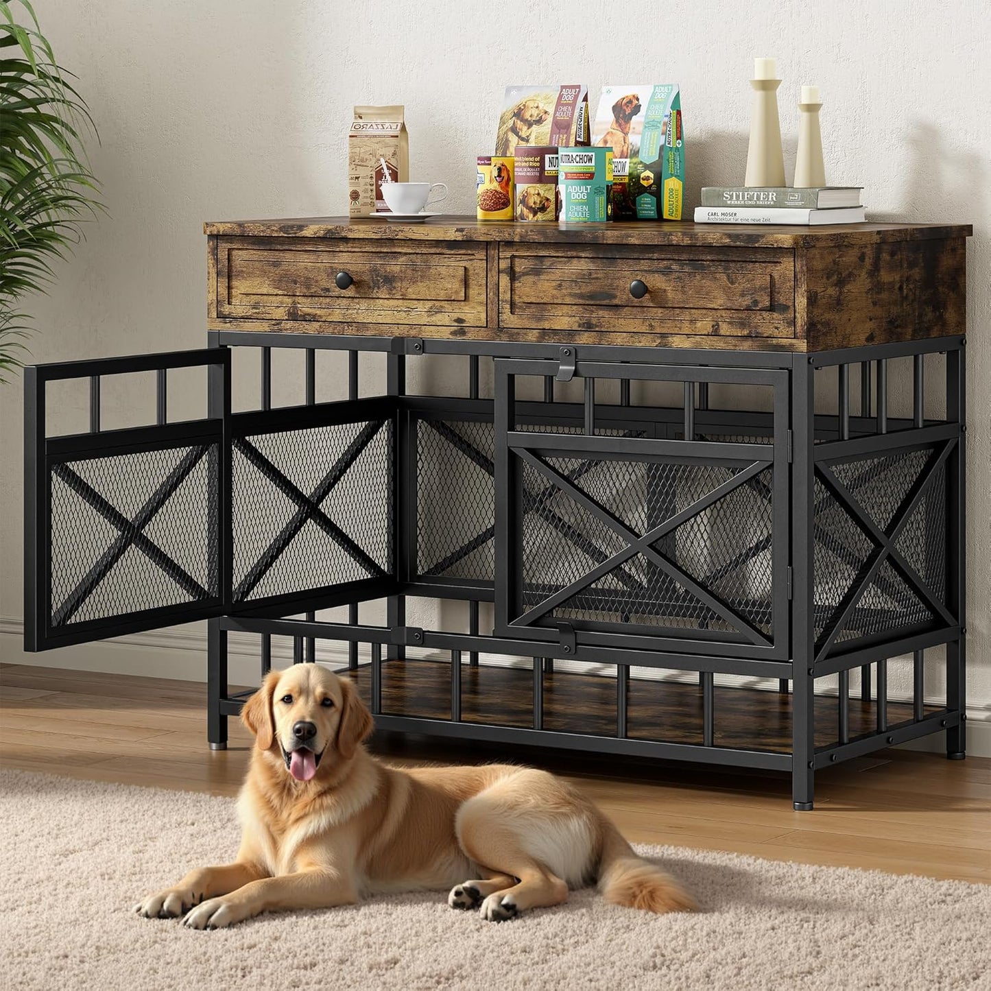 IRONCK 44 inch Large Dog Crate Furniture, Wooden Dog Kennel with Storage Drawers for Medium/Large Dogs, Decorative Dogs Kennel Indoor, Rustic Brown
