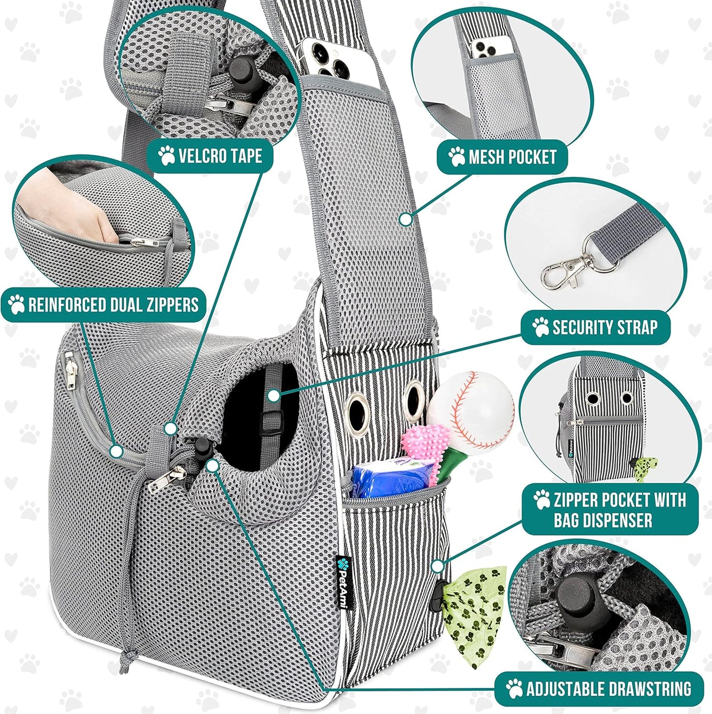 PetAmi Small Dog Sling Carrier, Soft-Sided Crossbody Puppy Carrying Purse Bag, Adjustable Sling Pet Pouch to Wear Medium Cat Travel, Dog Bag for Traveling, Poop Bag Dispenser, Max 10 lbs, Stripe Black